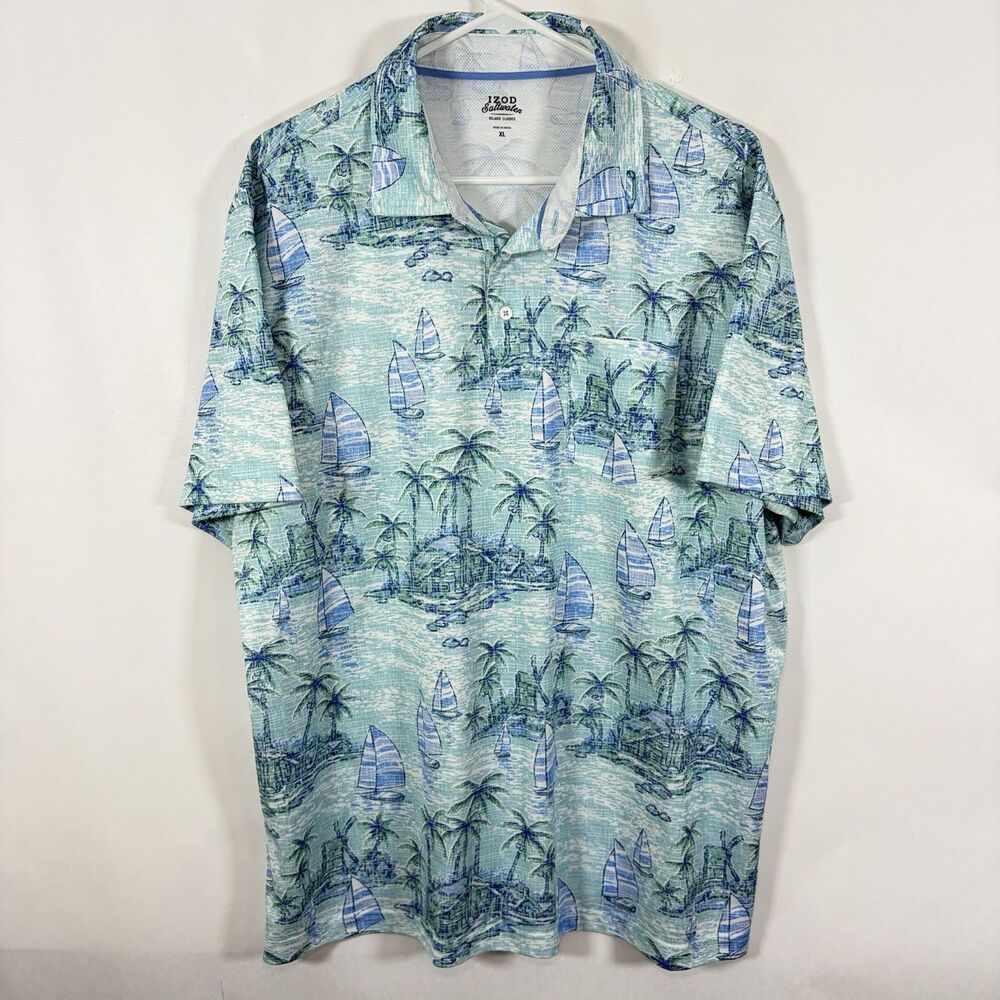 IZOD Saltwater Polo Shirt Mens Size XL Green Blue Tropical Sailboats AOP Golf